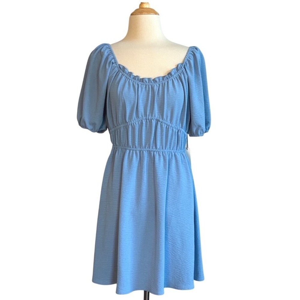 New JUNE & HUDSON‎ Medium Blue Babydoll Empire Waist Puff Sleeve Mini Dress
